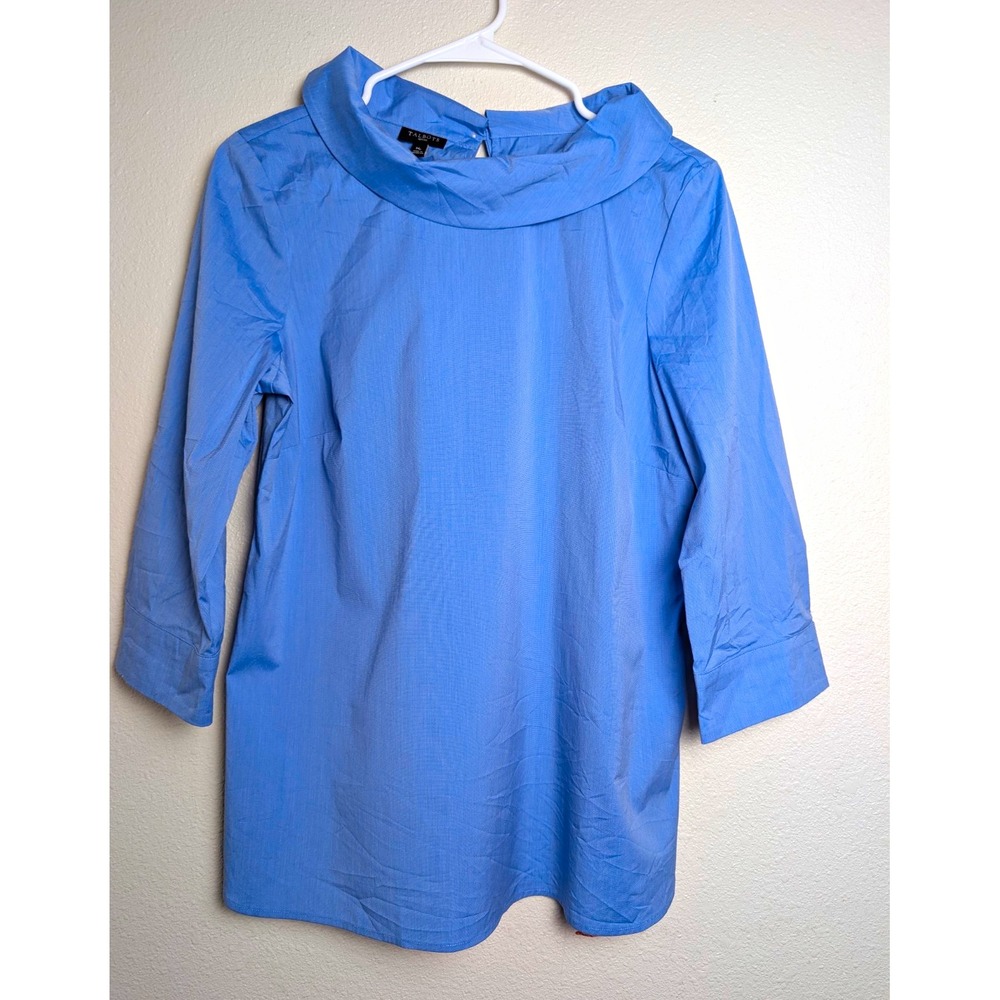 Talbots Petites Womens MP Blue Cotton Stretch Cowl Neck 3/4 Sleeve Blouse